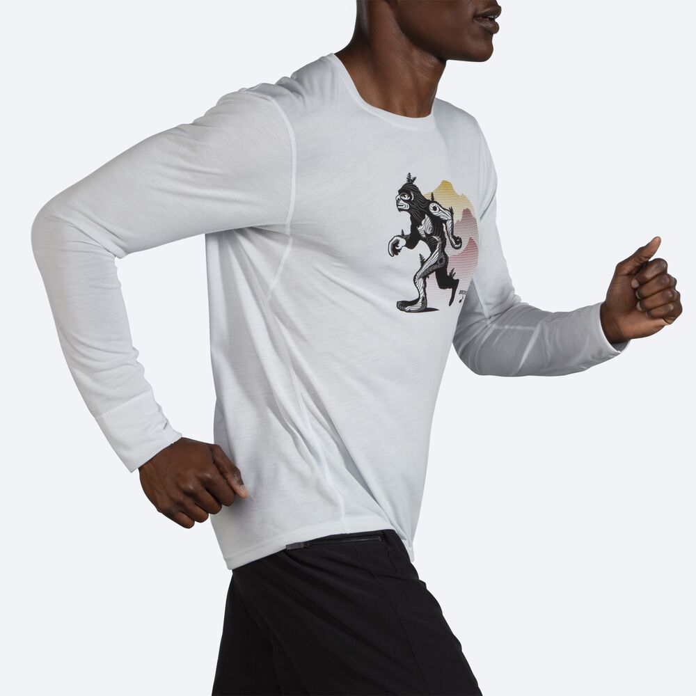 Brooks Distance Grafika Long Sleeve Férfi Póló Fehér | HU157394