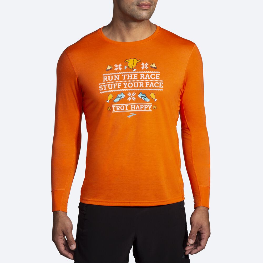 Brooks Distance Grafika Long Sleeve Férfi Póló Narancssárga | HU196253