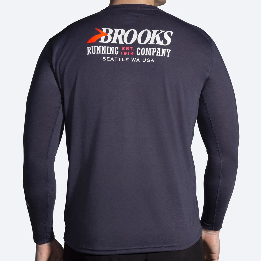 Brooks Distance Grafika Long Sleeve Férfi Póló Sötétkék | HU405697