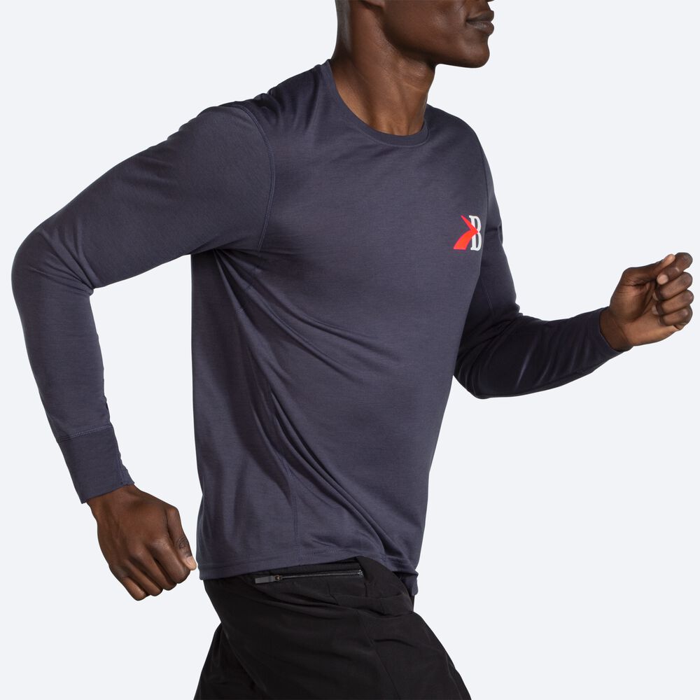 Brooks Distance Grafika Long Sleeve Férfi Póló Sötétkék | HU405697