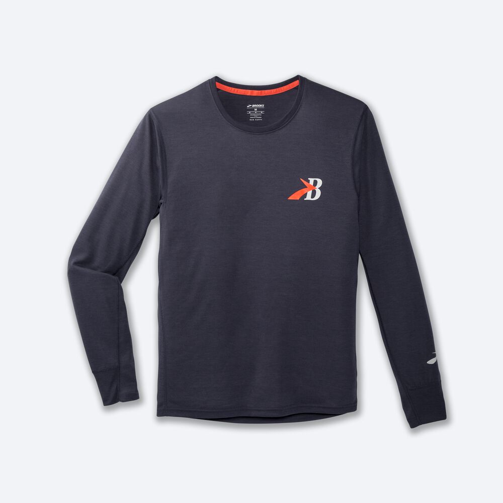 Brooks Distance Grafika Long Sleeve Férfi Póló Sötétkék | HU405697