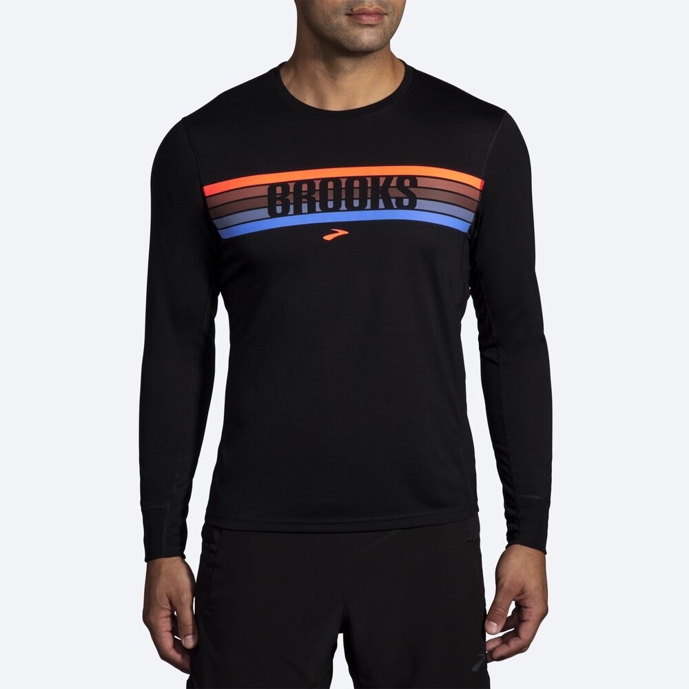 Brooks Distance Grafika Long Sleeve Férfi Póló Fekete/Csíkok | HU630845