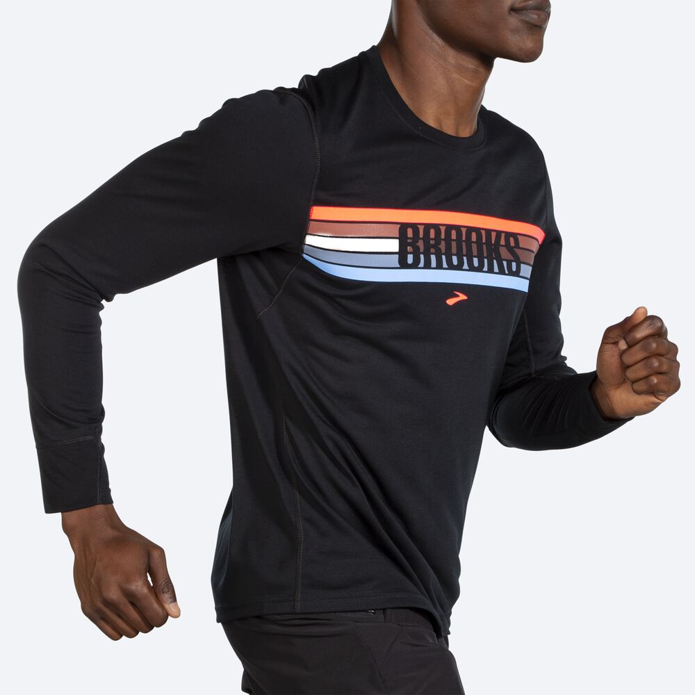 Brooks Distance Grafika Long Sleeve Férfi Póló Fekete/Csíkok | HU630845