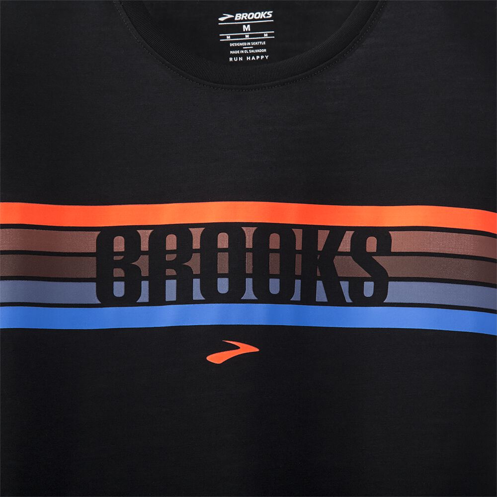 Brooks Distance Grafika Long Sleeve Férfi Póló Fekete/Csíkok | HU630845