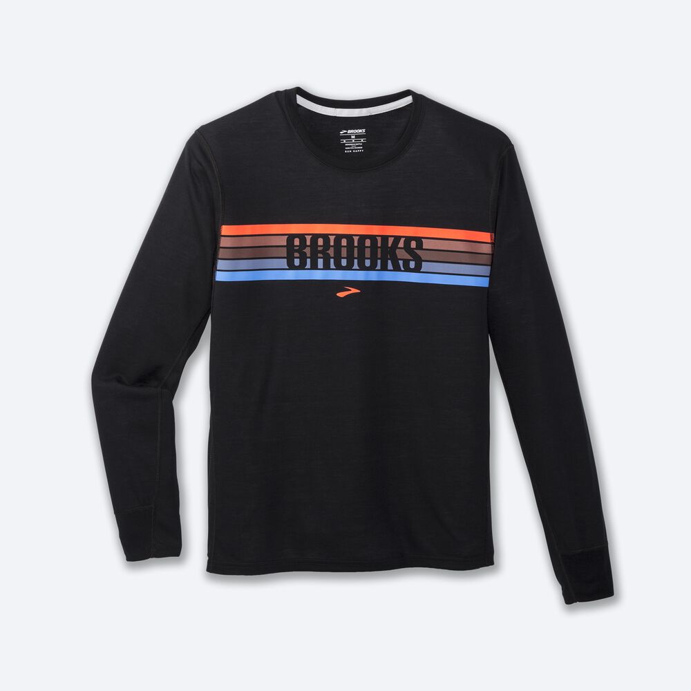 Brooks Distance Grafika Long Sleeve Férfi Póló Fekete/Csíkok | HU630845