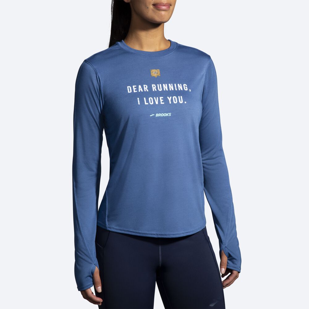 Brooks Distance Grafika Long Sleeve Női Póló Kék Szürke | HU130572