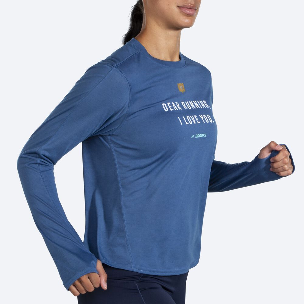 Brooks Distance Grafika Long Sleeve Női Póló Kék Szürke | HU130572