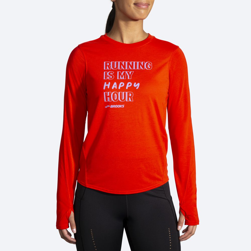 Brooks Distance Grafika Long Sleeve Női Póló Piros | HU263874