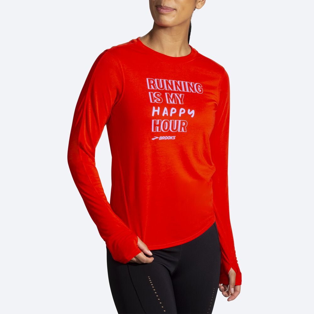 Brooks Distance Grafika Long Sleeve Női Póló Piros | HU263874