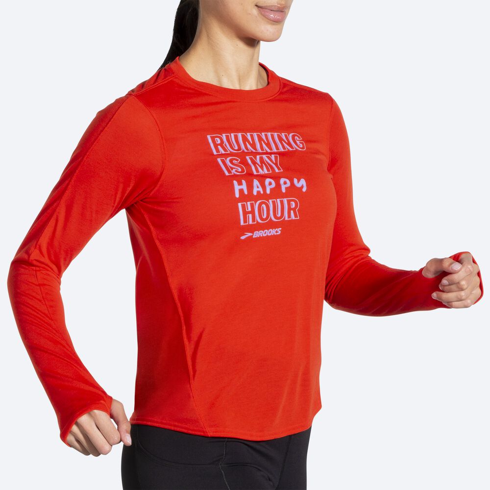 Brooks Distance Grafika Long Sleeve Női Póló Piros | HU263874