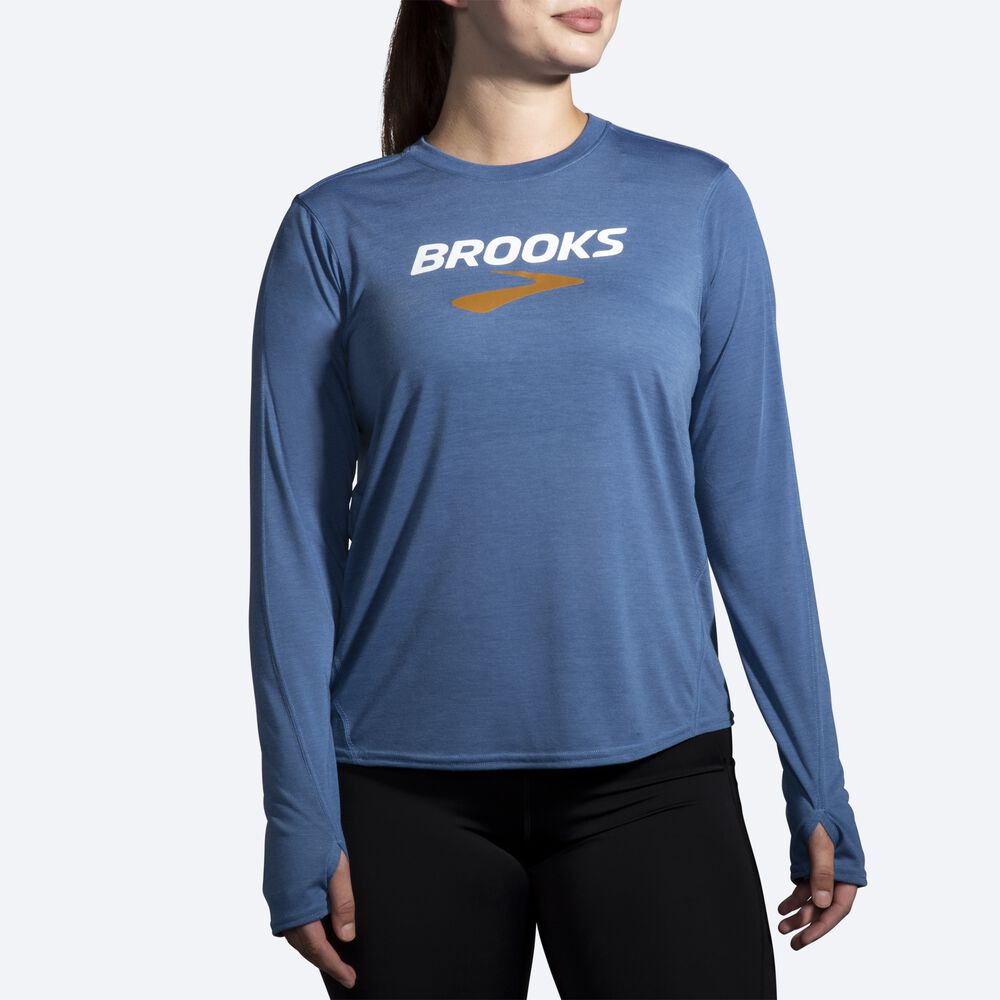 Brooks Distance Grafika Long Sleeve Női Póló Kék Szürke | HU496012