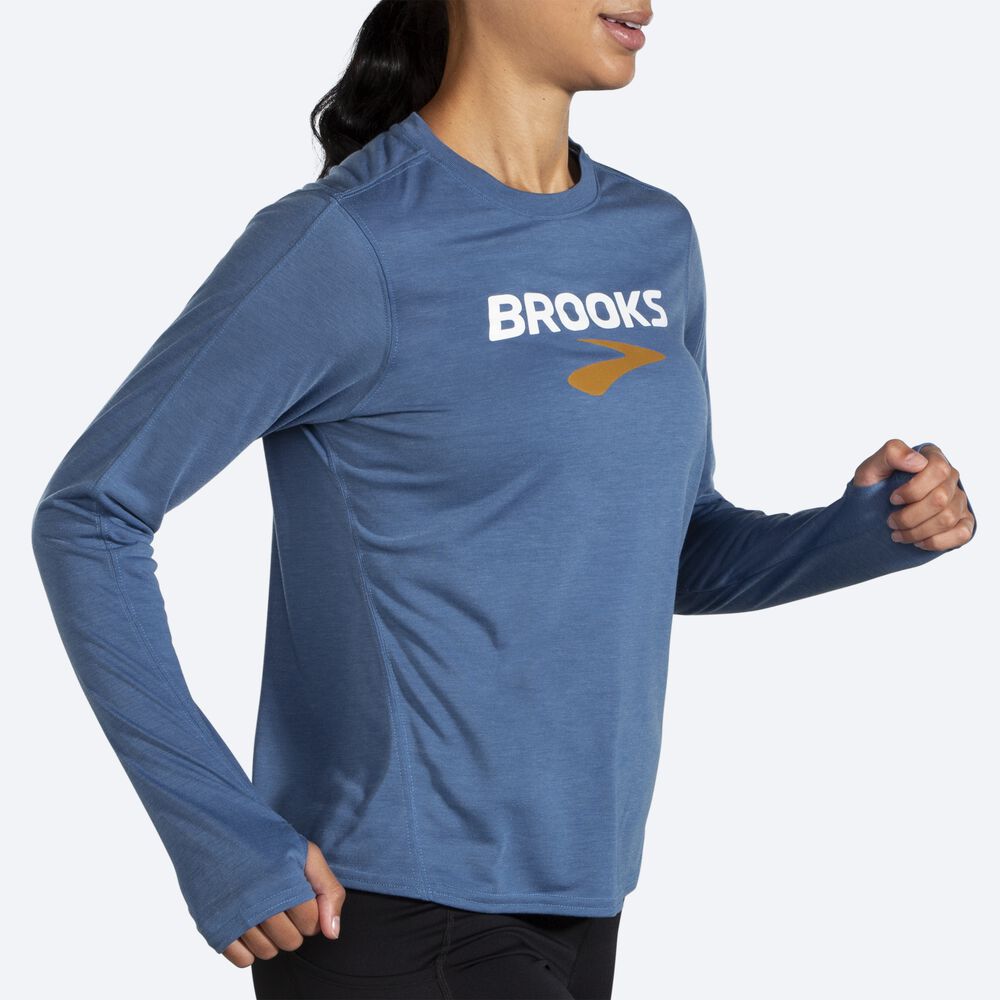 Brooks Distance Grafika Long Sleeve Női Póló Kék Szürke | HU496012