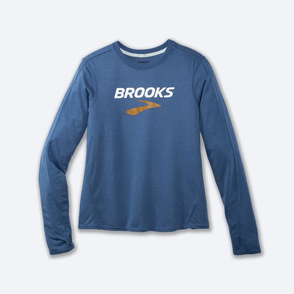 Brooks Distance Grafika Long Sleeve Női Póló Kék Szürke | HU496012