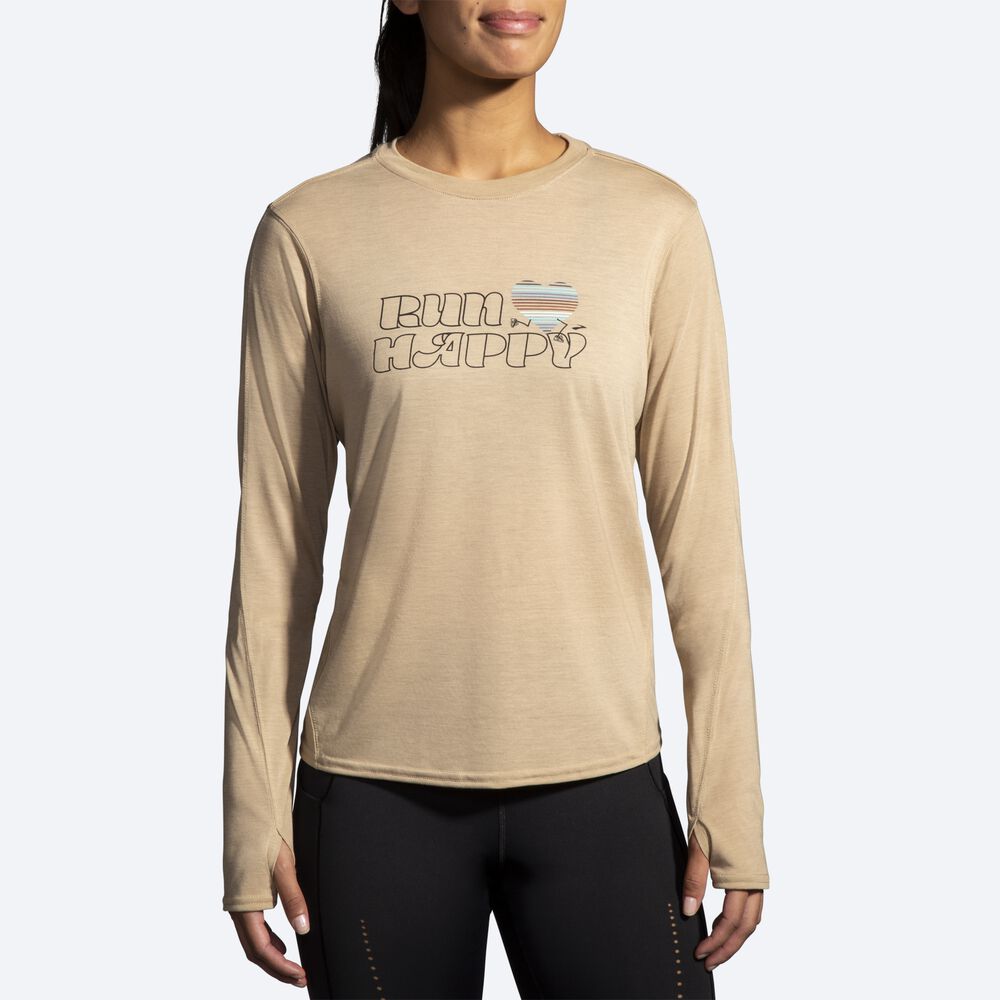 Brooks Distance Grafika Long Sleeve Női Póló Bézs | HU740362