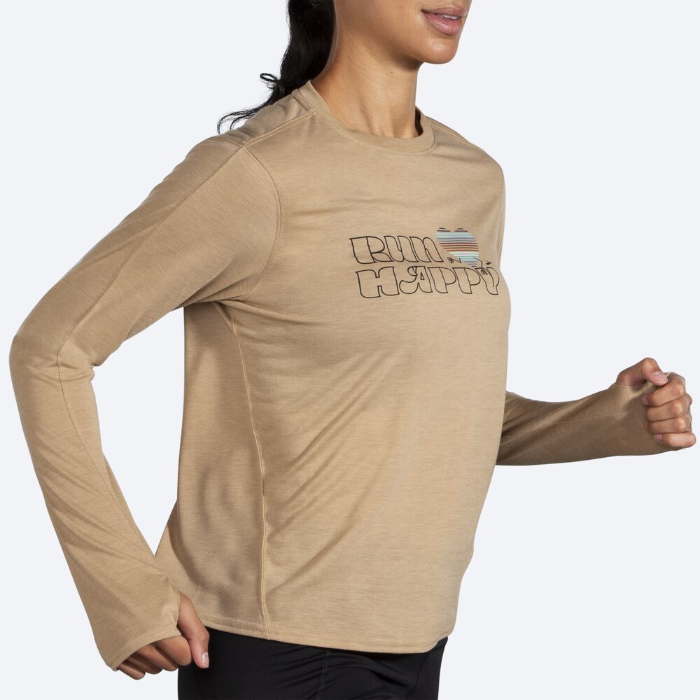 Brooks Distance Grafika Long Sleeve Női Póló Bézs | HU740362