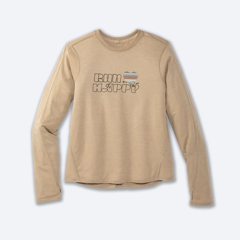 Brooks Distance Grafika Long Sleeve Női Póló Bézs | HU740362