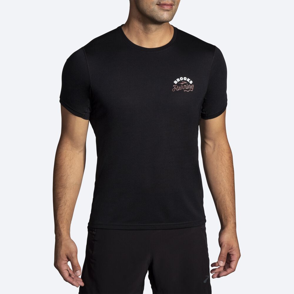 Brooks Distance Grafika Short Sleeve Férfi Póló Fekete | HU278961