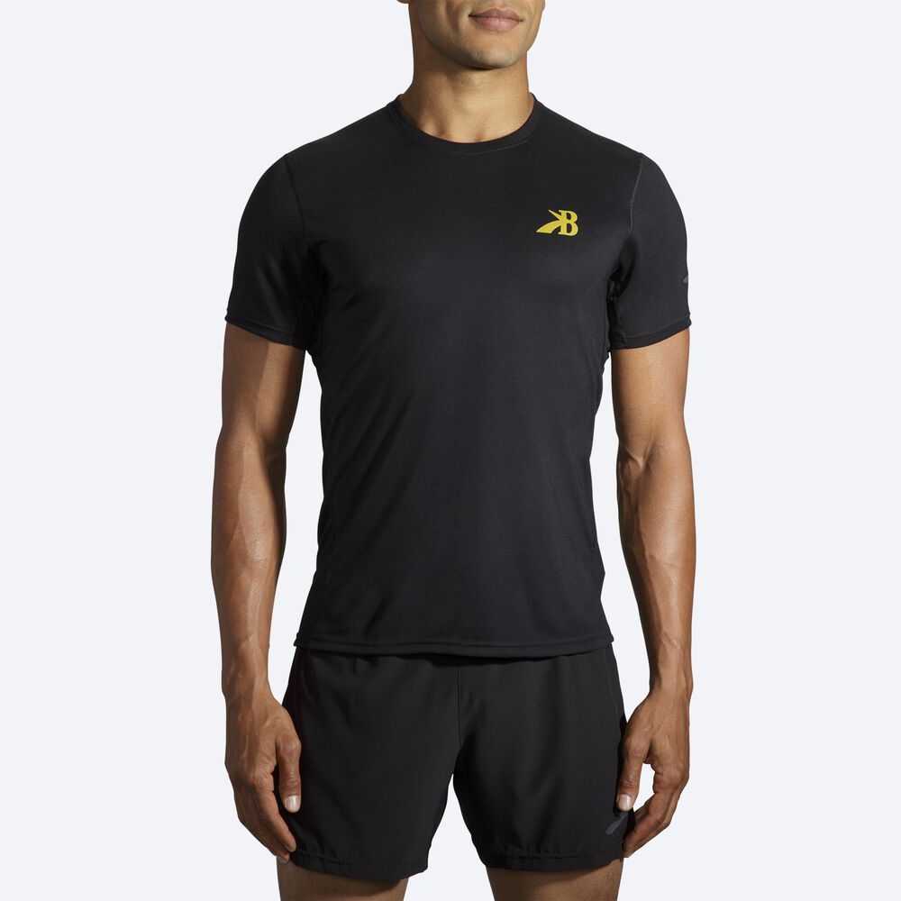 Brooks Distance Grafika Short Sleeve Férfi Póló Fekete/Arany | HU293146