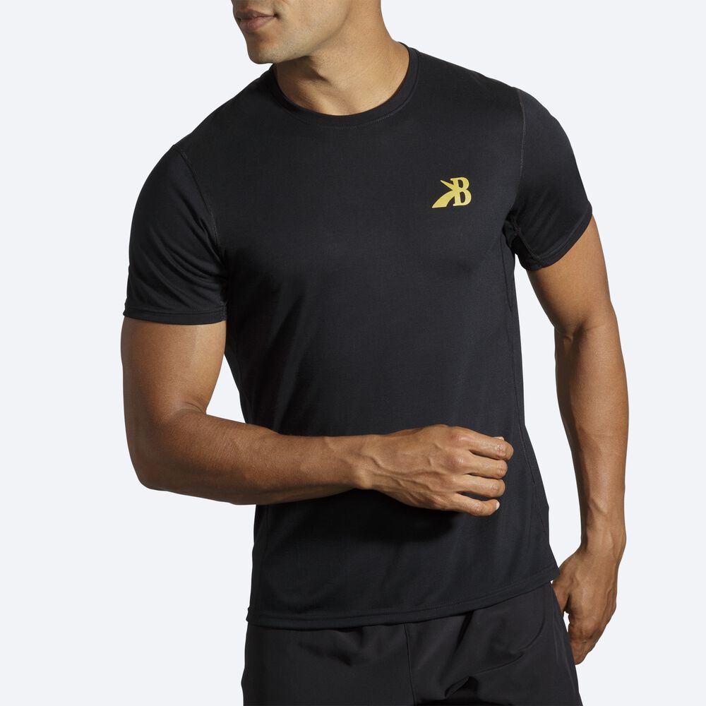 Brooks Distance Grafika Short Sleeve Férfi Póló Fekete/Arany | HU293146