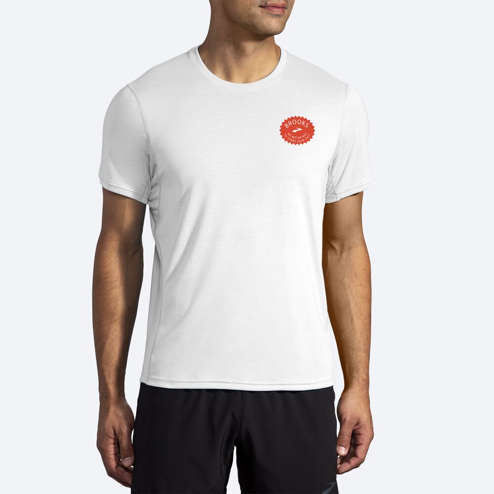 Brooks Distance Grafika Short Sleeve Férfi Póló Fehér | HU470518