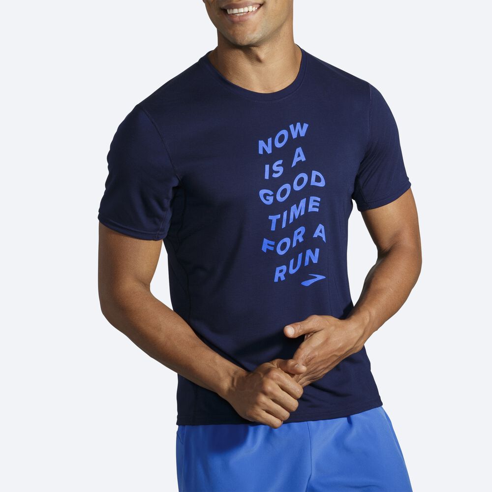 Brooks Distance Grafika Short Sleeve Férfi Póló Sötétkék/Kék | HU480175