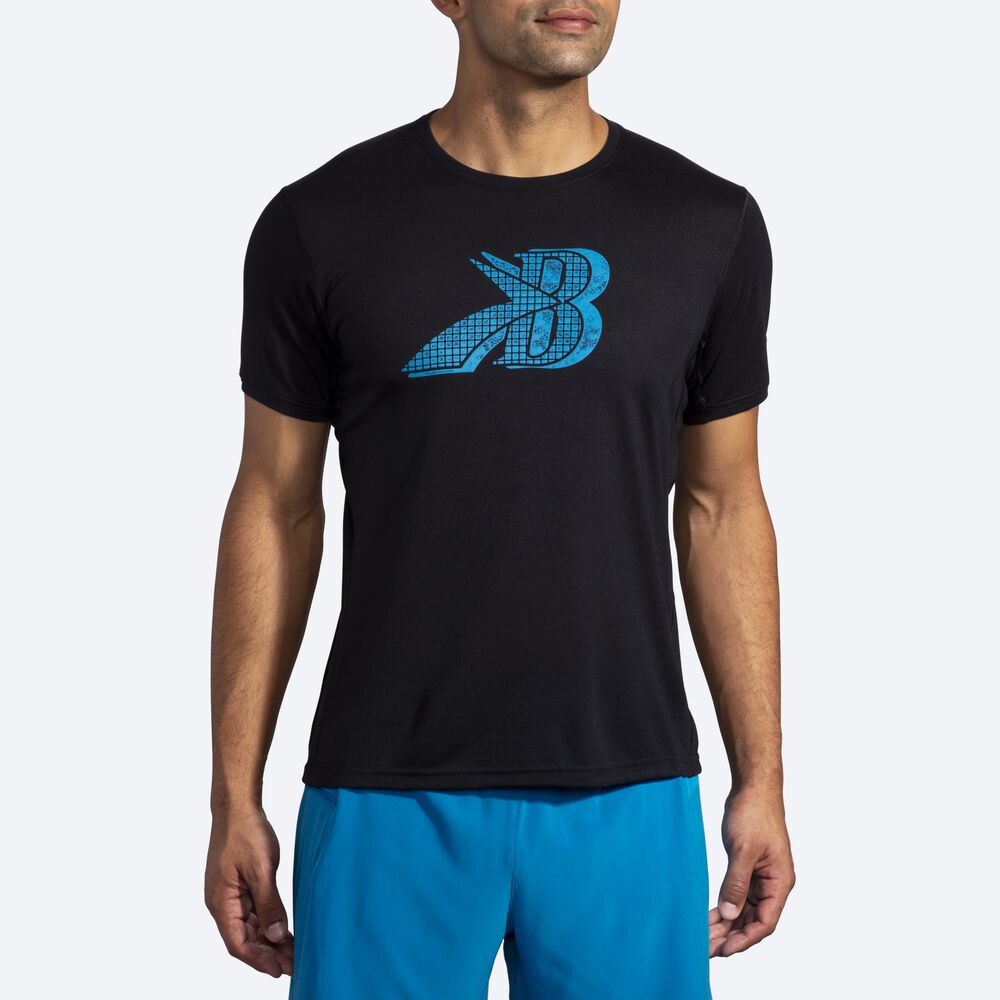 Brooks Distance Grafika Short Sleeve Férfi Póló Fekete/Kék | HU560839