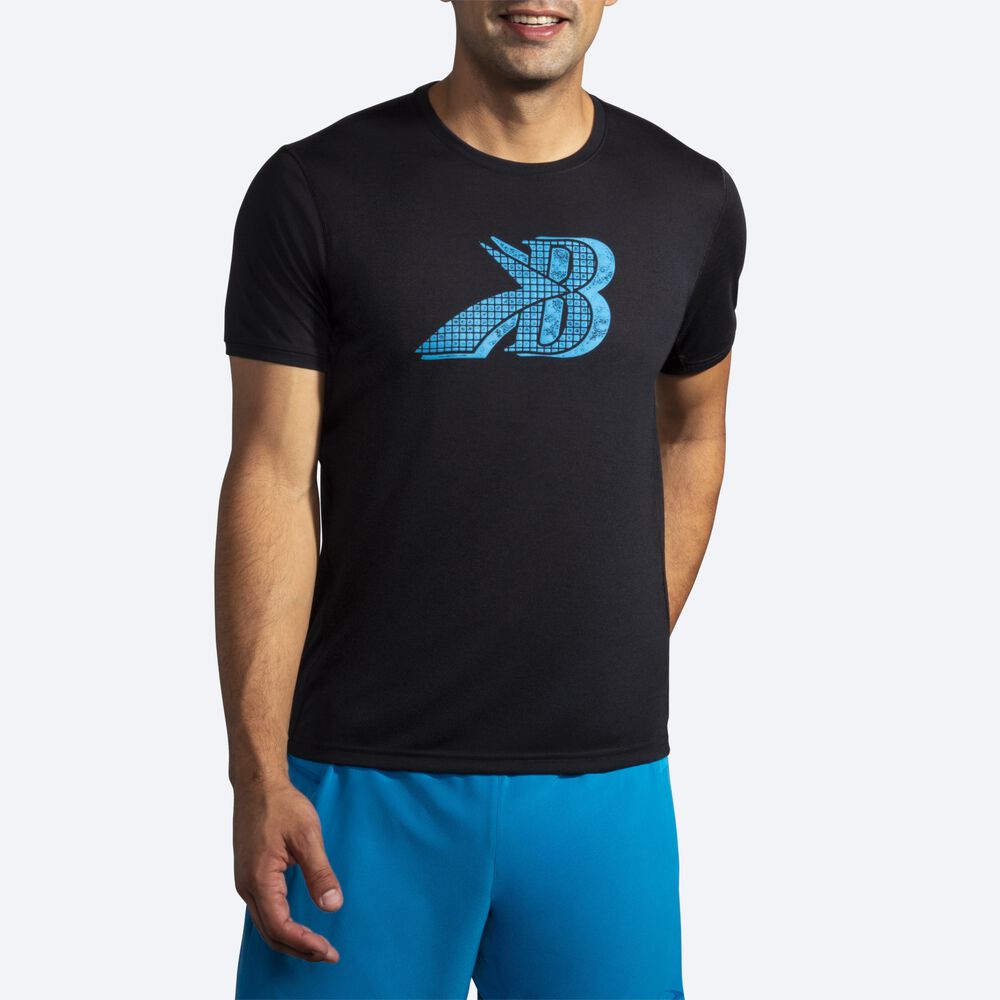 Brooks Distance Grafika Short Sleeve Férfi Póló Fekete/Kék | HU560839