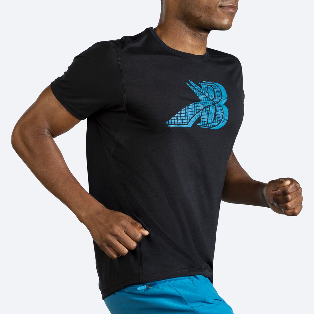 Brooks Distance Grafika Short Sleeve Férfi Póló Fekete/Kék | HU560839