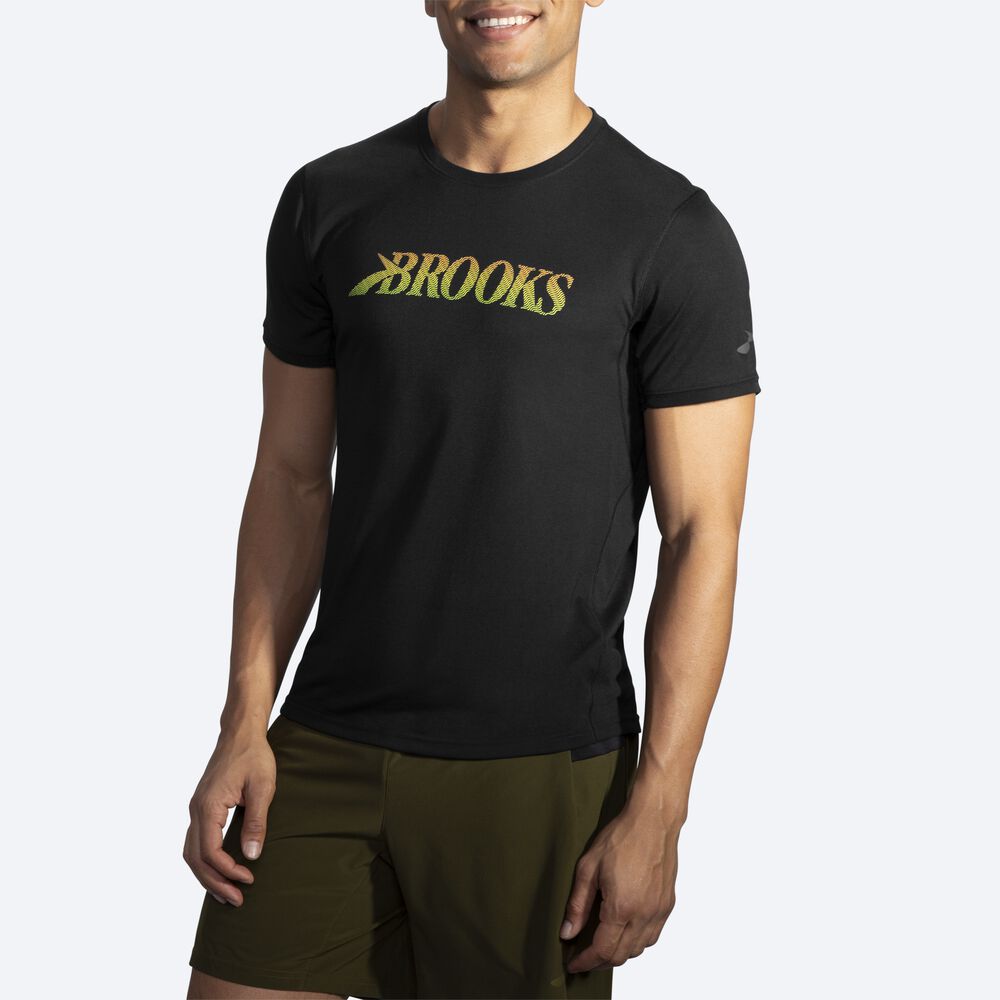 Brooks Distance Grafika Short Sleeve Férfi Póló Fekete | HU689130