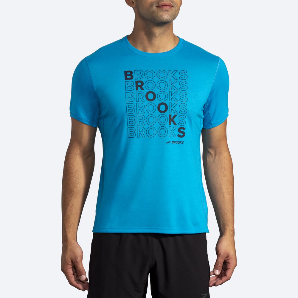 Brooks Distance Grafika Short Sleeve Férfi Póló Kék | HU896253