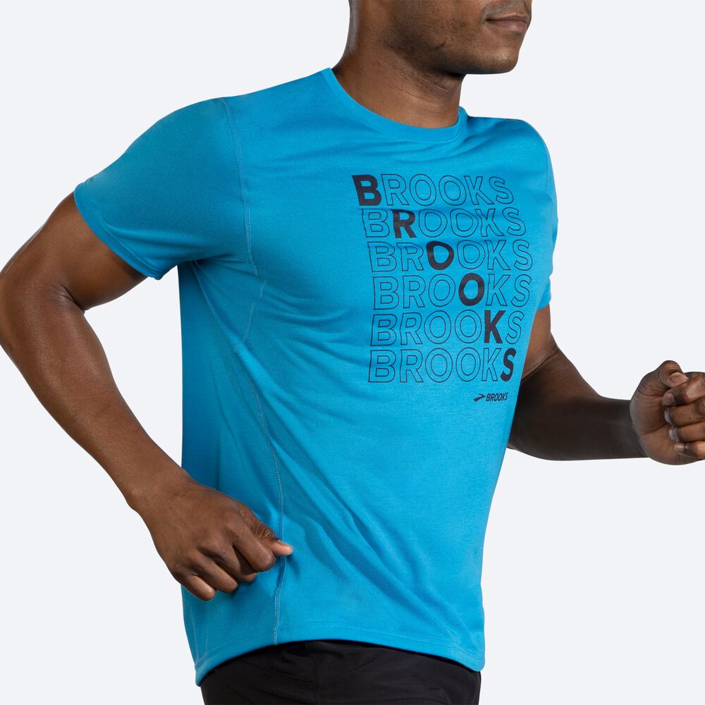 Brooks Distance Grafika Short Sleeve Férfi Póló Kék | HU896253