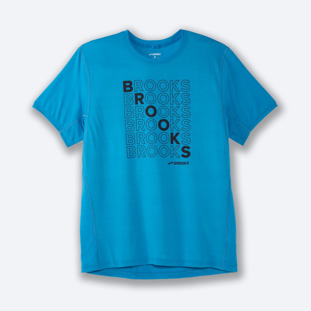 Brooks Distance Grafika Short Sleeve Férfi Póló Kék | HU896253