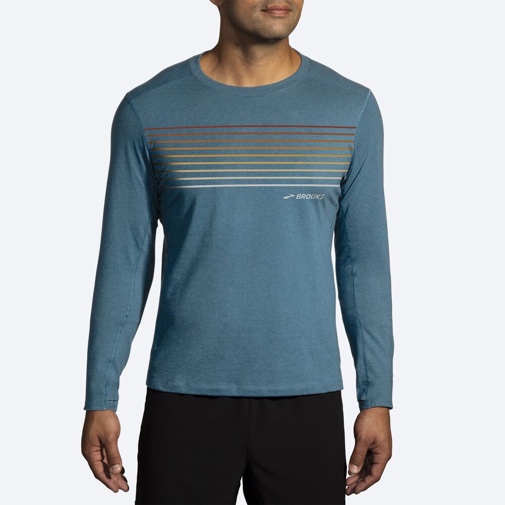 Brooks Distance Long Sleeve 2.0 Férfi Póló Kék/Csíkok | HU237594