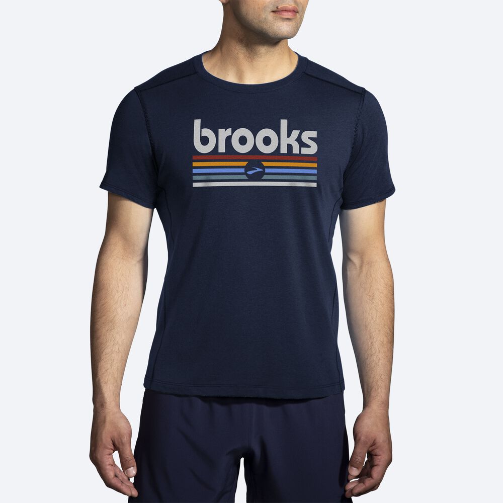 Brooks Distance Short Sleeve 2.0 Férfi Póló Sötétkék/Csíkok | HU135208