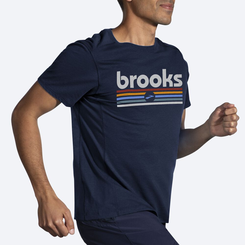 Brooks Distance Short Sleeve 2.0 Férfi Póló Sötétkék/Csíkok | HU135208