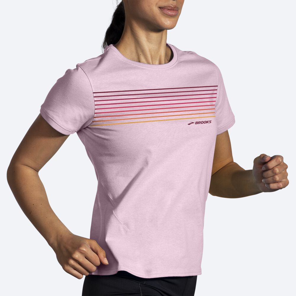 Brooks Distance Short Sleeve 2.0 Női Póló Rózsaszín/Csíkok | HU053784