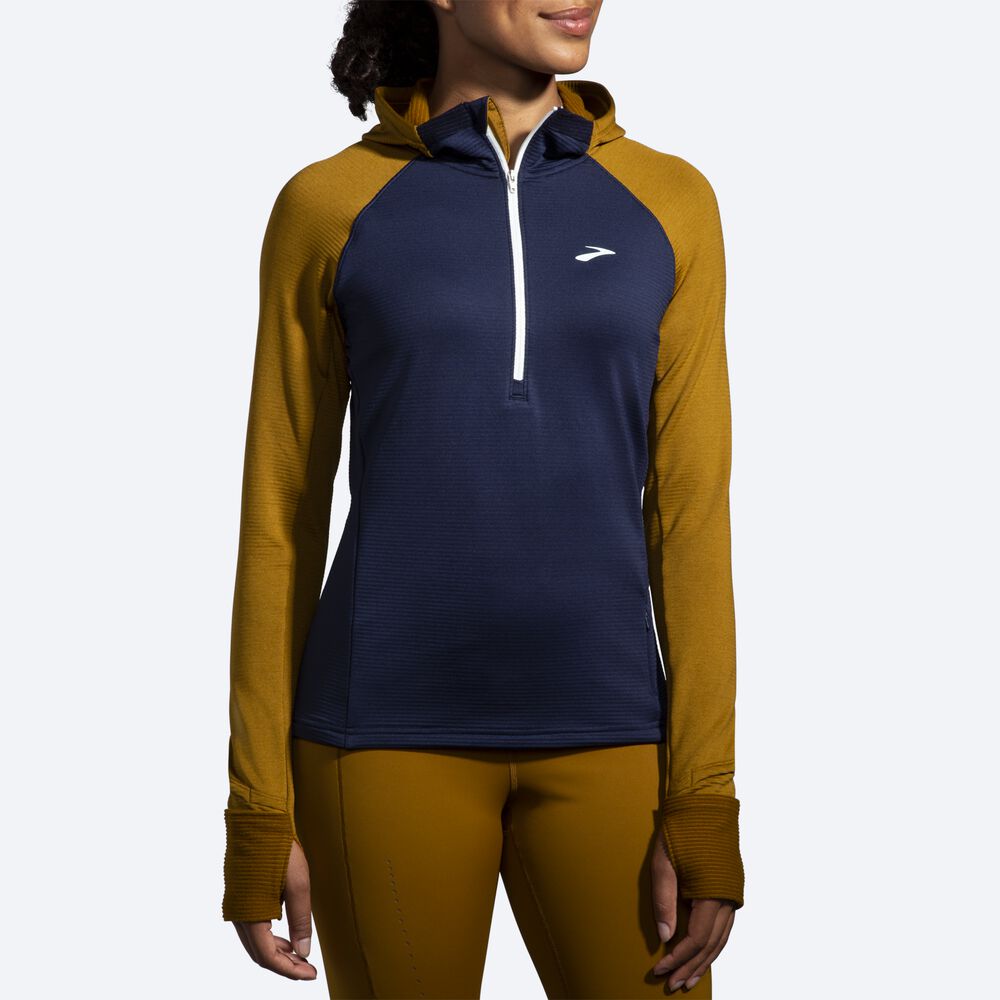 Brooks Notch Thermal 2.0 Női Kapucnis Pulóver Olivazöld/Sötétkék/Kék | HU854692