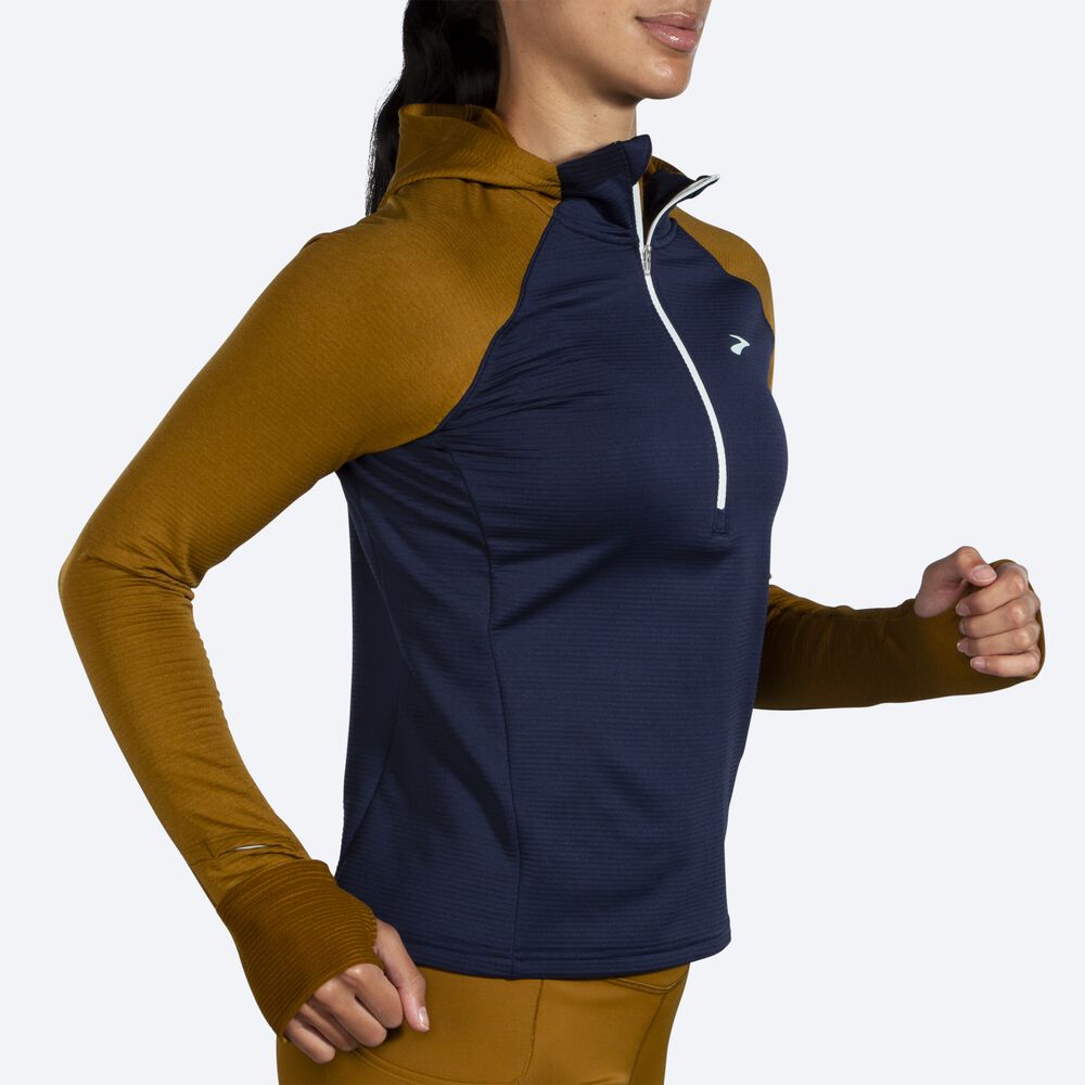 Brooks Notch Thermal 2.0 Női Kapucnis Pulóver Olivazöld/Sötétkék/Kék | HU854692