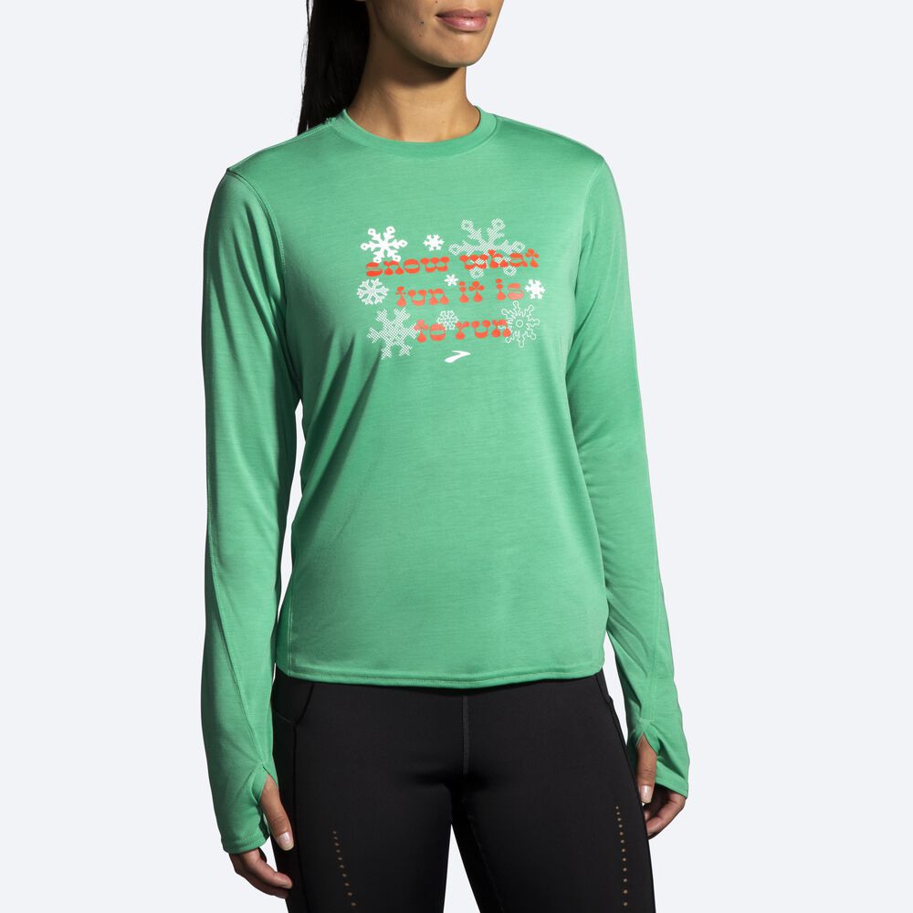 Brooks Run Merry Distance Grafika Long Sleeve Női Póló Zöld | HU157968