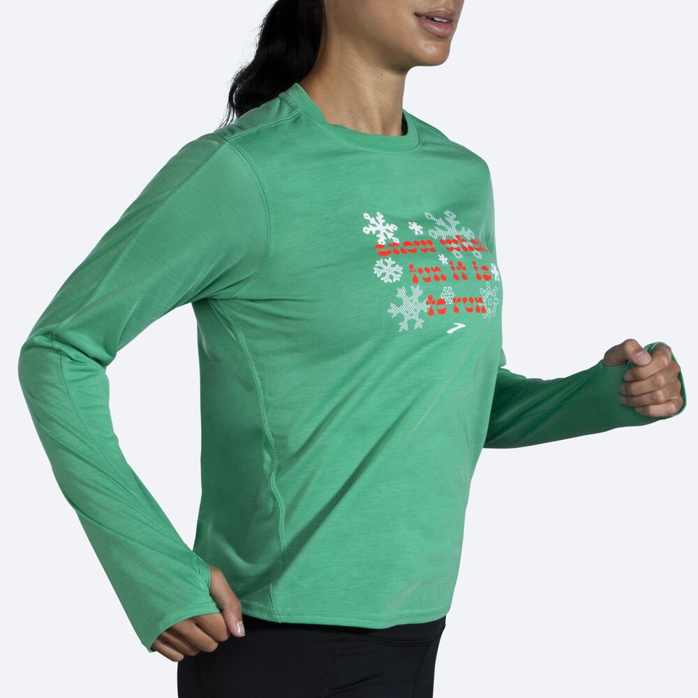 Brooks Run Merry Distance Grafika Long Sleeve Női Póló Zöld | HU157968