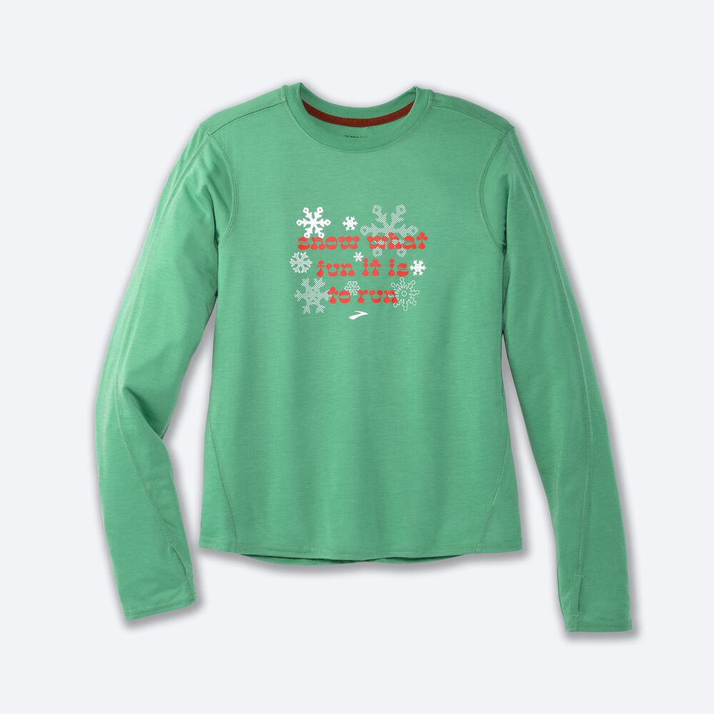 Brooks Run Merry Distance Grafika Long Sleeve Női Póló Zöld | HU157968