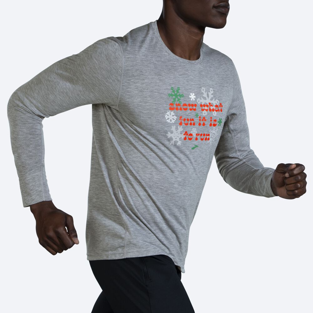 Brooks Run Merry Distance Grafika Long Sleeve Férfi Póló Szürke | HU710452