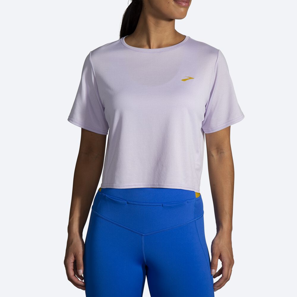 Brooks Run Within Crop Tee Női Póló Lila Szürke Csíkok | HU450782