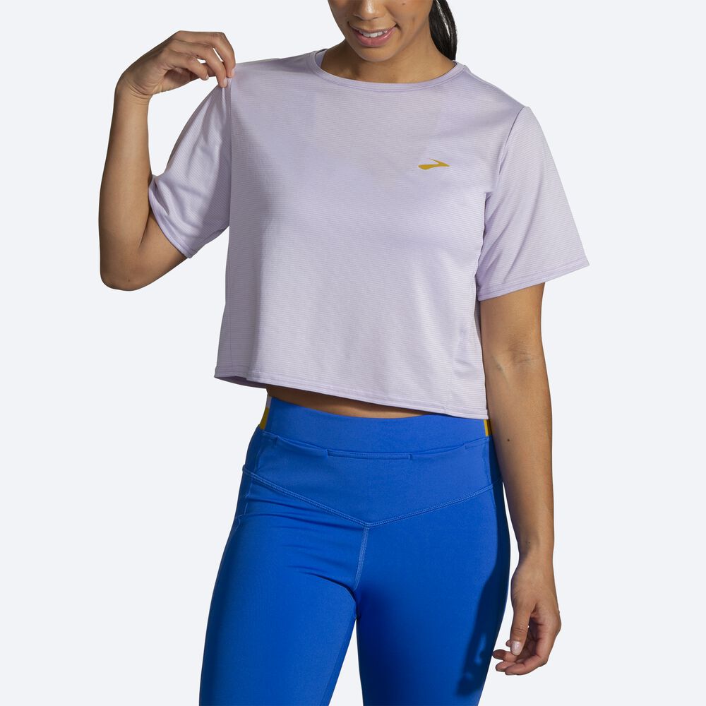 Brooks Run Within Crop Tee Női Póló Lila Szürke Csíkok | HU450782